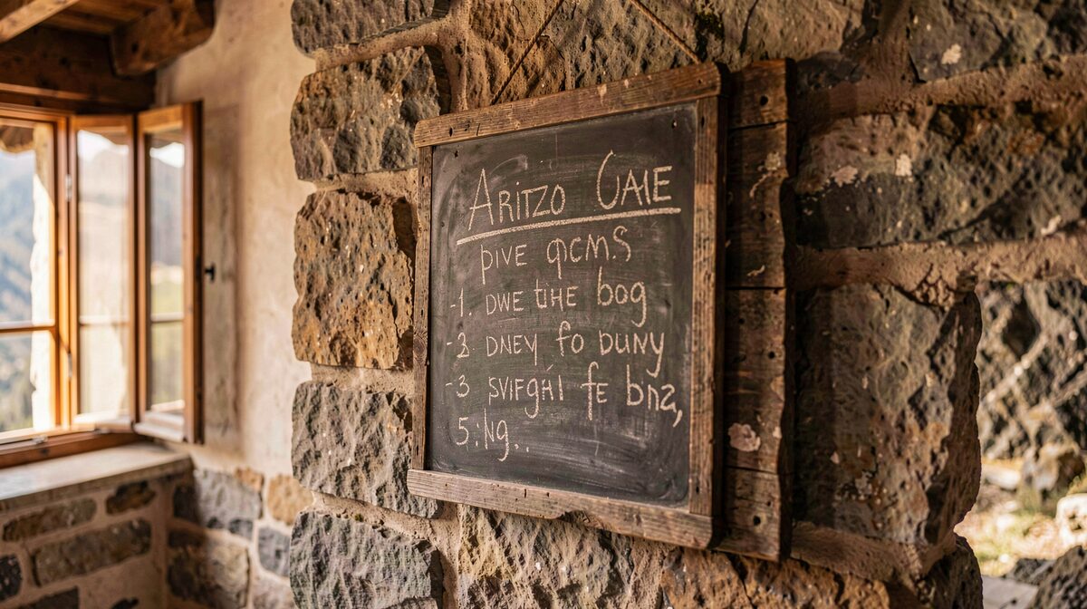 Una vecchia lavagna in legno appesa al muro di pietra di una casa montana ad Aritzo, luce calda di finestra, primo piano con testo sbiadito appena leggibile.